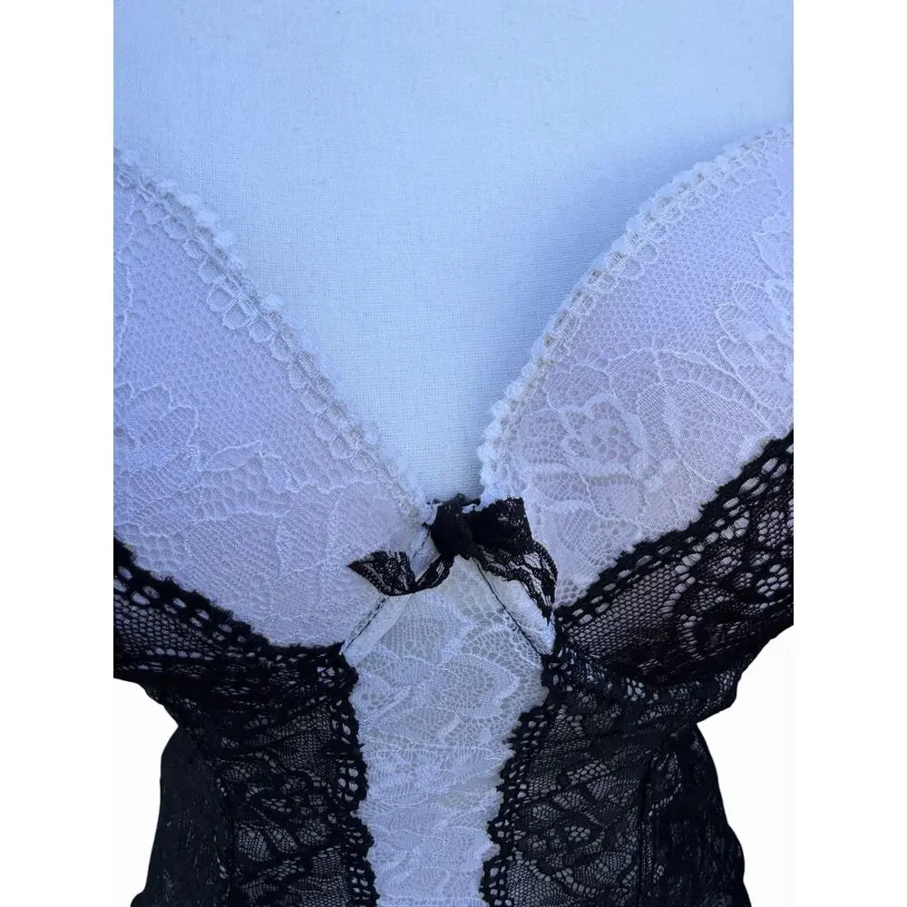 Fredericks of Hollywood Bustier Corset L Black White Lace Sheer Boned Top